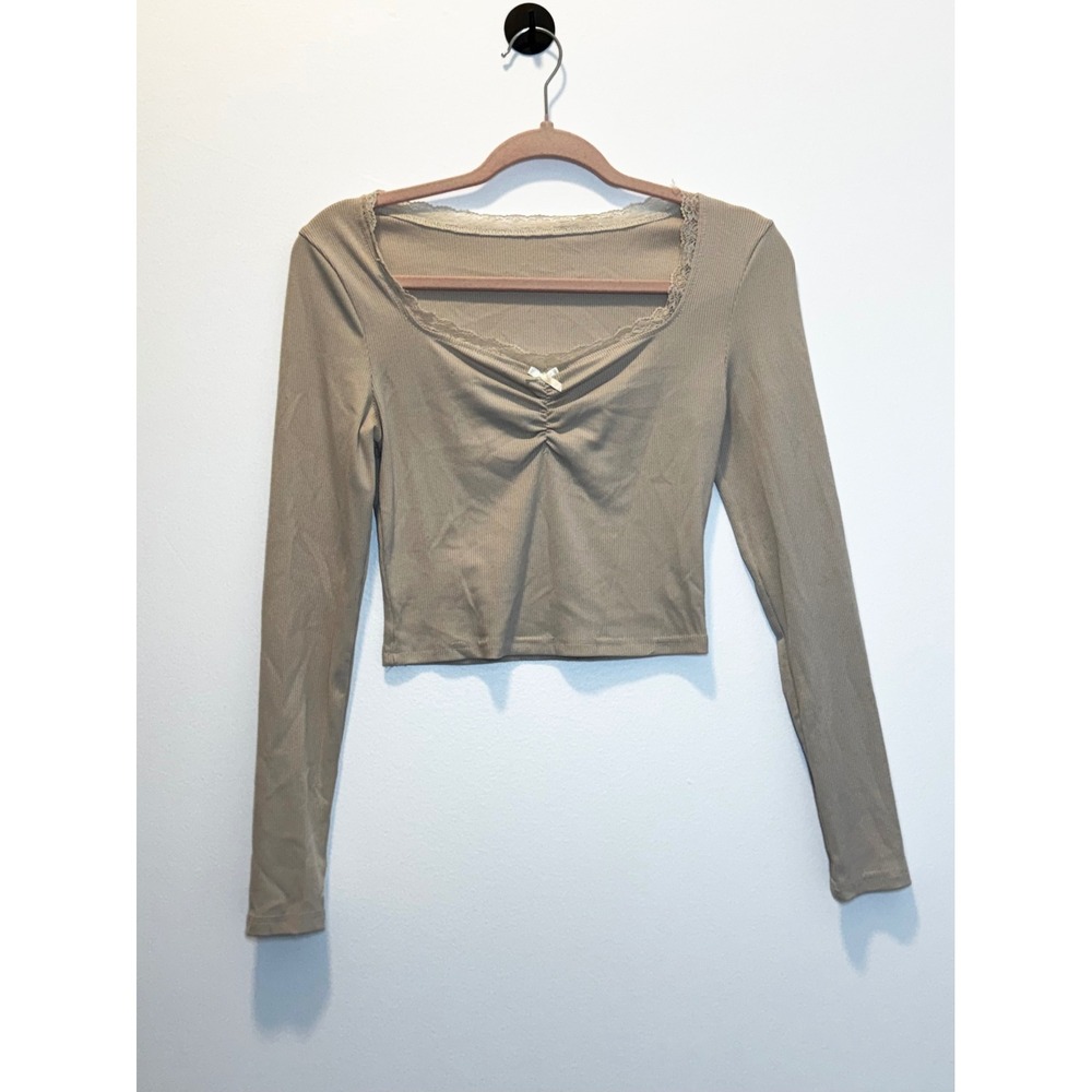 Shein Tan Ribbed Lace Trim Bow Long Sleeve Crop Top Small Coquette Beige